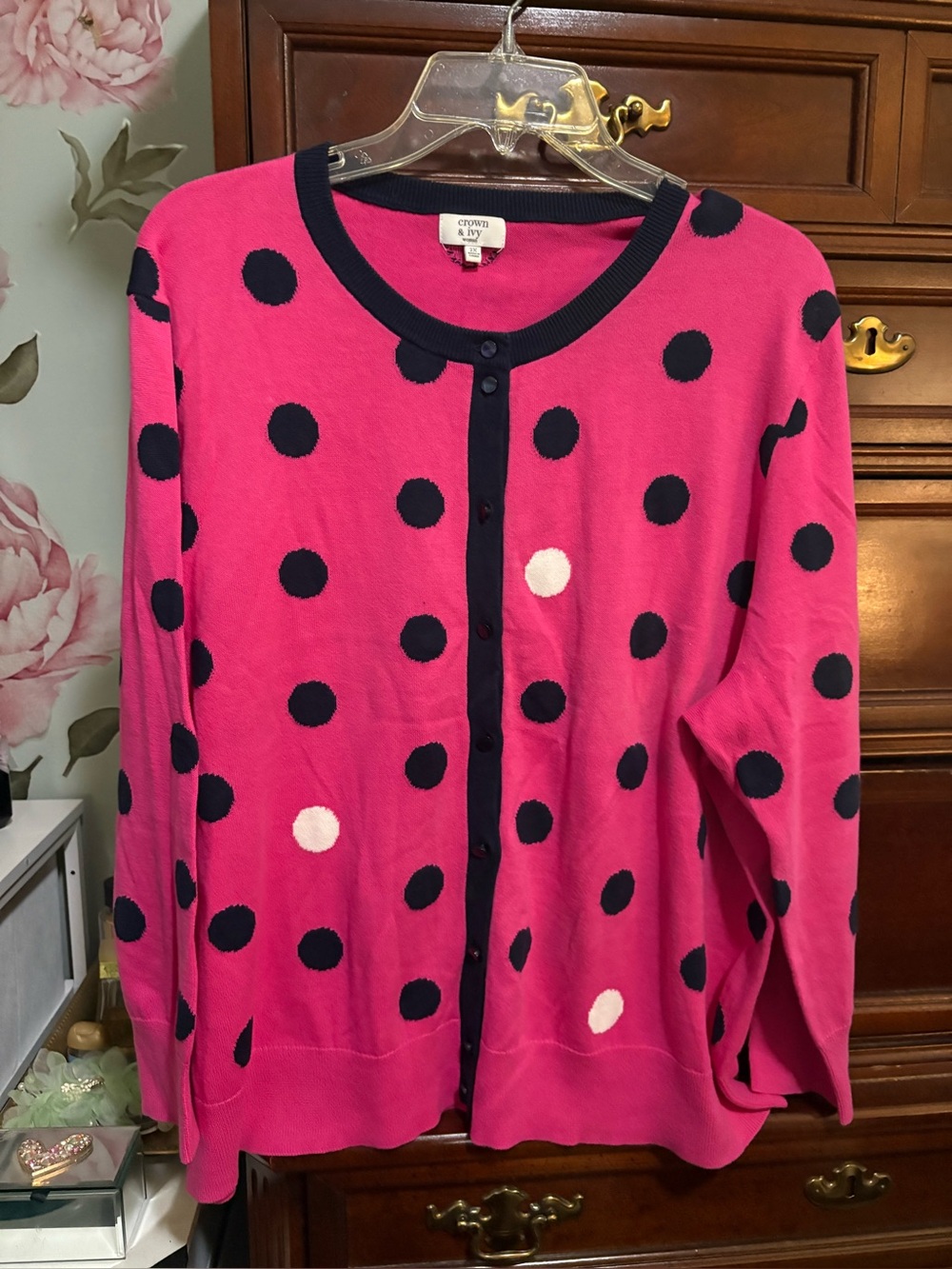 crown & ivy Hot Pink Cardigan with Navy and White Polka Dots
